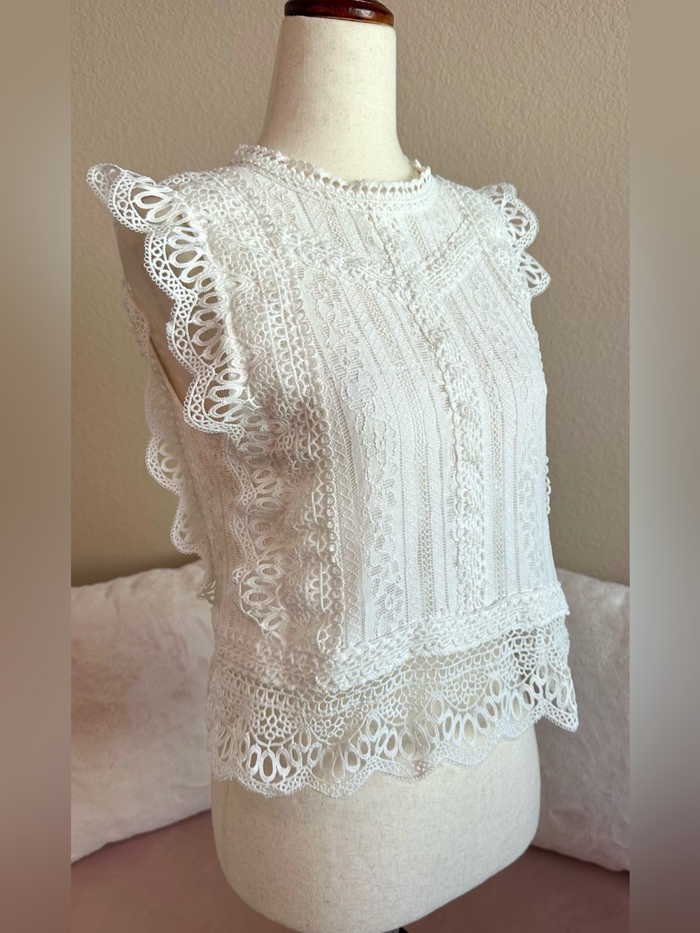 Aqua White Lace Crochet Trim Sleeveless Top